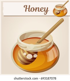 Jar of honey and stick. Cartoon vector icon. Series of food and drink and ingredients for cooking
