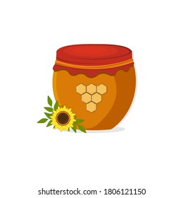 Jar with honey and sunflower isolated on a white background, color vector illustration, clipart, design, decoration, icon, sign, flat, sketch, banner, logo, scrapbooking