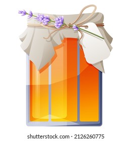 A jar of honey tied with a bow with a label and a branch of lavender. Isolated illustration. Suitable for stickers, website design, labels, promotional products.