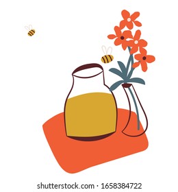 jar of honey and vase of flowers vector illustration