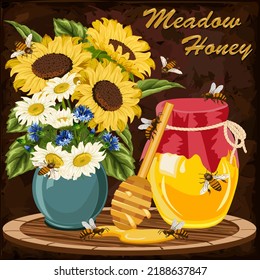 A jar of honey and a vase of flowers.Vector illustration with a bouquet of flowers in a vase and a jar of honey on a colored background with text.