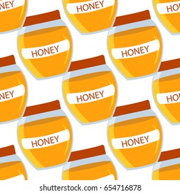 Jar of Honey Vector Seamless Pattern on white background.