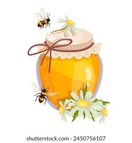 Jar of honey with wild chamomile flowers and honey bees.Vector graphics.