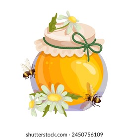 Jar of honey with wild chamomile flowers and honey bees.Vector graphics.
