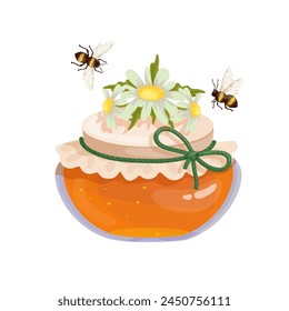 Jar of honey with wild chamomile flowers and honey bees.Vector graphics.