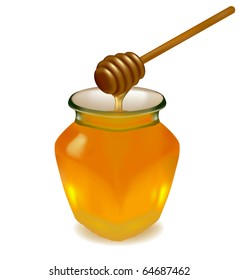 Jar of honey with wooden drizzler. Vector.