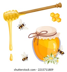 A jar of honey, a wooden spindle spoon, a honeycomb with honey bees. Cartoon vector graphics.