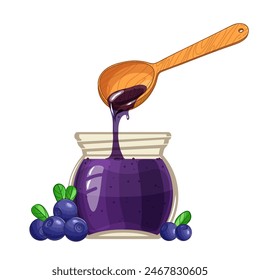 Jar with huckleberry jam, fresh berries and wood spoon, vector illustration