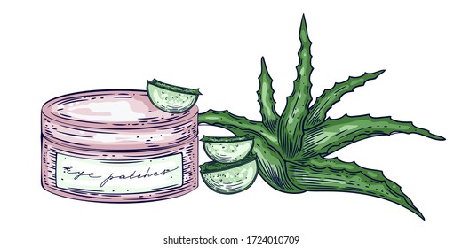 Jar of hyaluronic aloe eye patches and aloe leaves, vector