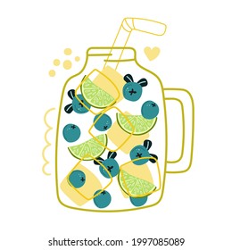 Jar with ice, slice of lime and blueberries, smoothie, cocktail. Summer drink concept.