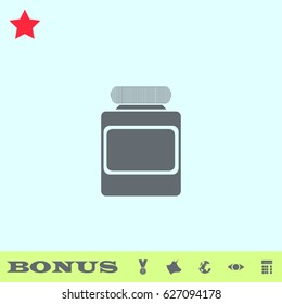 Jar icon flat. Grey pictogram on blue background. Vector illustration symbol and bonus buttons medal, cow, earth, eye, calculator
