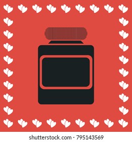 Jar icon flat. Simple black pictogram on red background with white hearts for valentines day. Vector illustration symbol