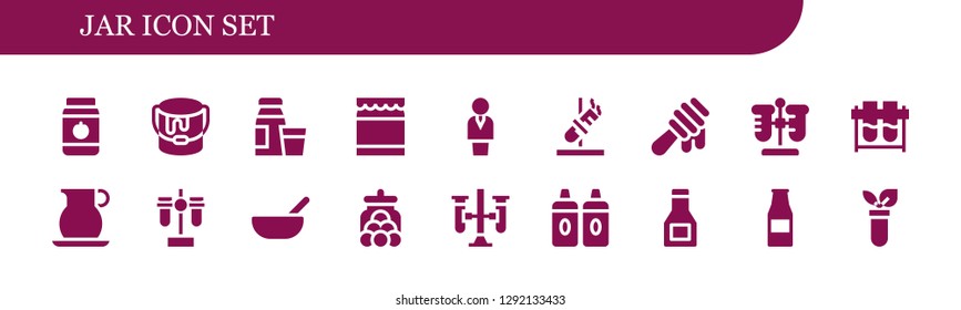  jar icon set. 18 filled jar icons. Simple modern icons about  - Jar, Paint bucket, Diary product, Honey, Chemist, Test tube, Test tubes, Jug, Baby food, Candy jar, Sauces, Sauce