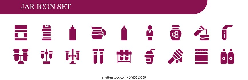jar icon set. 18 filled jar icons.  Collection Of - Baby food, Condiments, Sauce, Jug, Chemist, Honey, Test tube, Test tubes, Smoothie, Sauces