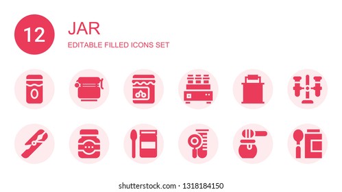 jar icon set. Collection of 12 filled jar icons included Jam, Jar, Test tube, Paint bucket, Baby food, Honey