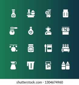 jar icon set. Collection of 16 filled jar icons included Sauces, Paint can, Jar, Pitcher, Test tube, Baby food, Jam, Hive, Paint bucket, Vase, Elixir, Honey, Sauce