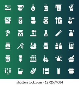 jar icon set. Collection of 36 filled jar icons included Jar, Test tube, Baby food, Sauce, Jug, Hive, Vase, Jam, Paint can, Sauces, Honey, Pitcher, Elixir, Paint bucket