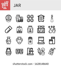 Jar Icon Set. Collection Of Test Tube, Sour Cream, Money Jar, Curd, Beehive, Vase, Cookie Jar, Strawberry Jam, Amphora, Jam, Handicrafts, Jars, Sauces, Vegetable Oil, Icons