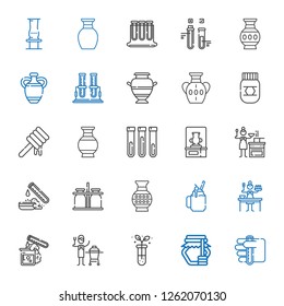 jar icons set. Collection of jar with test tube, honey, ceramic, sauce, smoothie, vase, milk jar, test tubes. Editable and scalable jar icons.