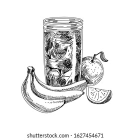 Jar with ingredients for smoothie making, hand drawn vector illustration. Bananas, fruits, berries and veggies for preparation juice, vintage-style sketch on white background.