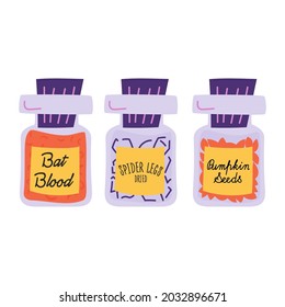 Jar with ingredients for witch's potion. Vector illustration.