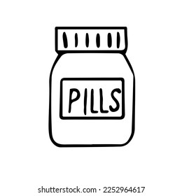 A jar with the inscription pills in doodle style can be used as stickers for a daily planner or illustrations on the topic of health