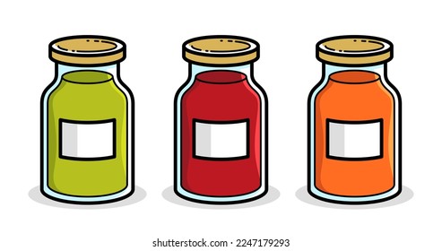 Jar of jam in 3 colors isolated on white vector illustration in cartoon style, delicious and healthy natural food homemade marmalade.