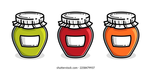 Jar of jam in 3 colors isolated on white vector illustration in cartoon style, delicious and healthy natural food homemade marmalade.