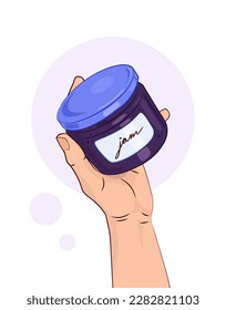 A jar of jam. Jam from blue berries. A jar in a human hand. Healthy food. Isolated vector illustration white background.