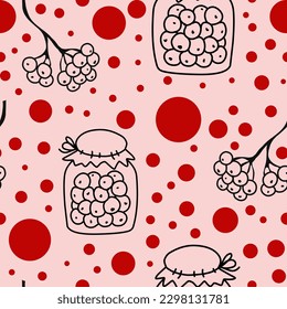 
A jar of jam and a branch of viburnum. Doodle illustration. Vector seamless pattern. For design, print, fabric, wallpaper, paper