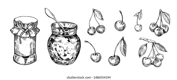 Jar with jam and cherry berries. Hand drawn outline converted to vector
