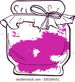 Jar of jam covered by paper on white background. Cartoon sketch drawn by ink. hand drawn vector illustration.