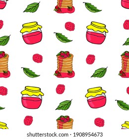 Jar of jam and cupcakes.  Seamless pattern.  Vector illustration for printing, wrappers, textures or backgrounds