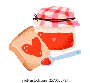 Jar of jam. Valentine’s Day sweetss. Jam spread on bread in the shape of a heart. Festive  romantic treats. A vibrant flat vector illustration.