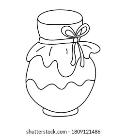 Jar of jam in doodle style. Isolated outline. Hand drawn vector illustration in black ink on white background. Cooking and canning theme. Cozy home.