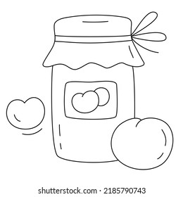 A Jar of Jam and Fruit. Sketch of Canned Food in a Glass Jar - Fruits or Vegetables. Hand drawn doodle icon. Preserved vegetables vector illustration. Black lines isolated on a white. Contour drawing.