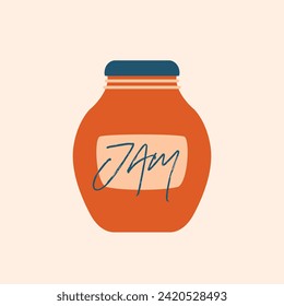 Jar with jam. Happy sweet moment. Cute kawaii illustration with village aesthetics in flat design. Cartoon minimalist cozy clip art. Cottagecore.