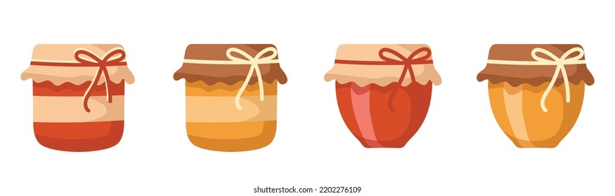 Jar with jam and honey. Raspberry or strawberry jam, honey. A pot of honey and jam. Vector clipart isolated on white background.