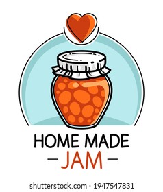 Jar of jam isolated on white vector emblem or illustration in cartoon style, delicious and healthy natural food homemade marmalade.