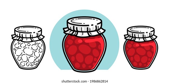 Jar de mermelada aislado en ilustración blanca vectorial en estilo de dibujos animados, deliciosa y saludable comida natural marmalade casera.