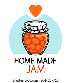 Jar de mermelada aislado sobre emblema vectorial blanco o ilustración en estilo de dibujos animados, deliciosa y saludable comida natural marmalade casera.