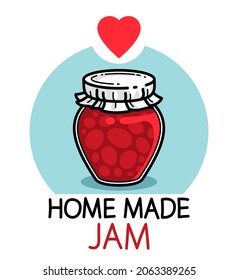 Jar of jam isolated on white vector emblem or illustration in cartoon style, delicious and healthy natural food homemade marmalade.