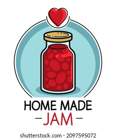 Jar of jam isolated on white vector emblem or illustration in cartoon style, delicious and healthy natural food homemade marmalade.