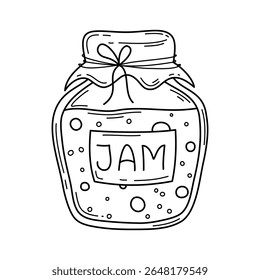 Pote de ilustração de contorno de geleia. Elemento de design de vetor estilo doodle desenhado à mão isolado no fundo branco.