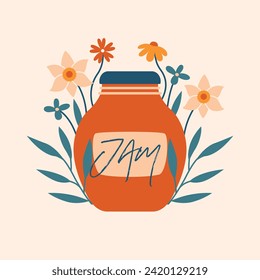 Jar with jam, plants, flowers, daffodils. Cottagecore. Happy sweet moment. Cute kawaii illustration with village aesthetics. Cartoon cozy clip art with typography.