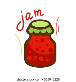 The jar of jam and red berry strawberry isolated on white background. Vector illustration.