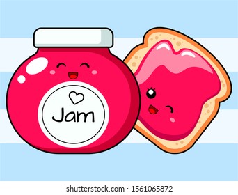 Jar of jam and a sandwich with jam in kawaii style