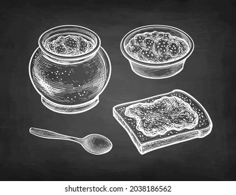 Jar of jam, spoon and toast. Chalk sketch on blackboard background. Hand drawn vector illustration. Vintage style stroke drawing.