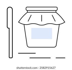 Jar of jam with a spreader in minimalist outline style. Ideal for food blogs, recipe sites, homemade products, organic food markets, culinary apps, kitchenware advertising, health-conscious cooking