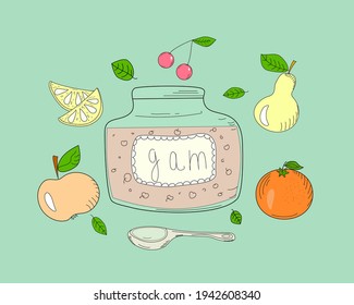 Jar with jam, with a sticker with the text. Fruits, berries for making jam. Components for jam. Vector graphics. Isolated background.